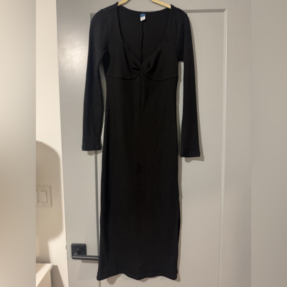 Old Navy Twist-Front Rib-Knit Long Sleeve Black Midi Dress SMALL